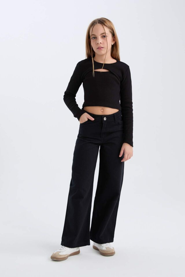 Kız Çocuk Slim Fit Dar Kesim Bisiklet Yaka Fitilli Kaşkorse Uzun Kollu Siyah Tişört