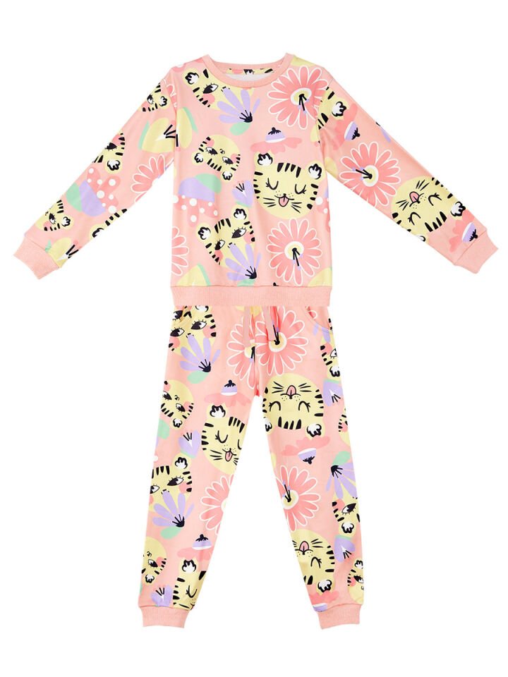 Çiçekli Kedi Kız Çocuk Eşofman Takım 7 Y - Pembe