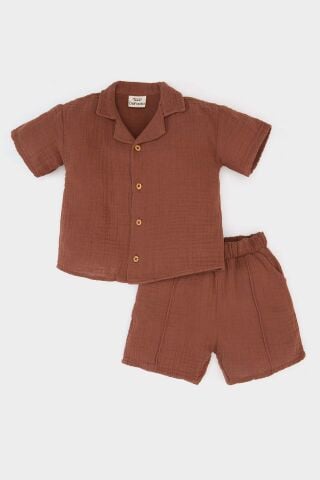 Erkek Bebek 2'li Takım Müslin Kısa Kollu Gömlek Beli Lastikli Şort