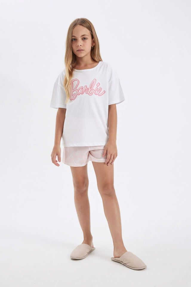 Kız Çocuk Barbie Pijama Takımı Boxy Fit Kısa Kollu Üst Şort