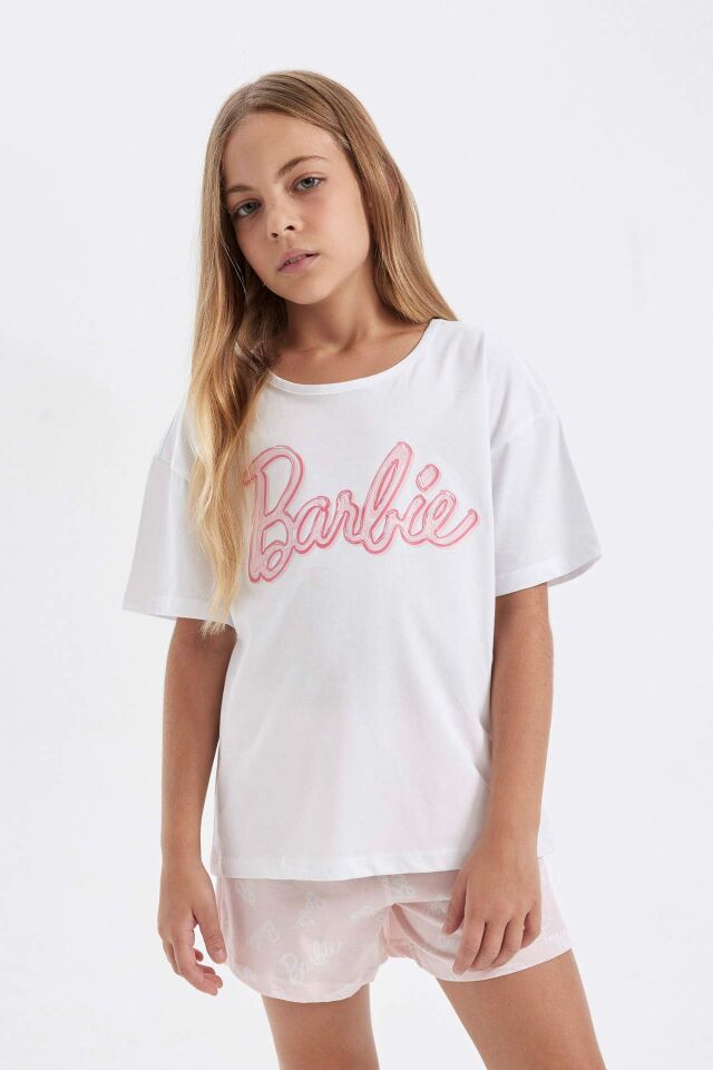 Kız Çocuk Barbie Pijama Takımı Boxy Fit Kısa Kollu Üst Şort