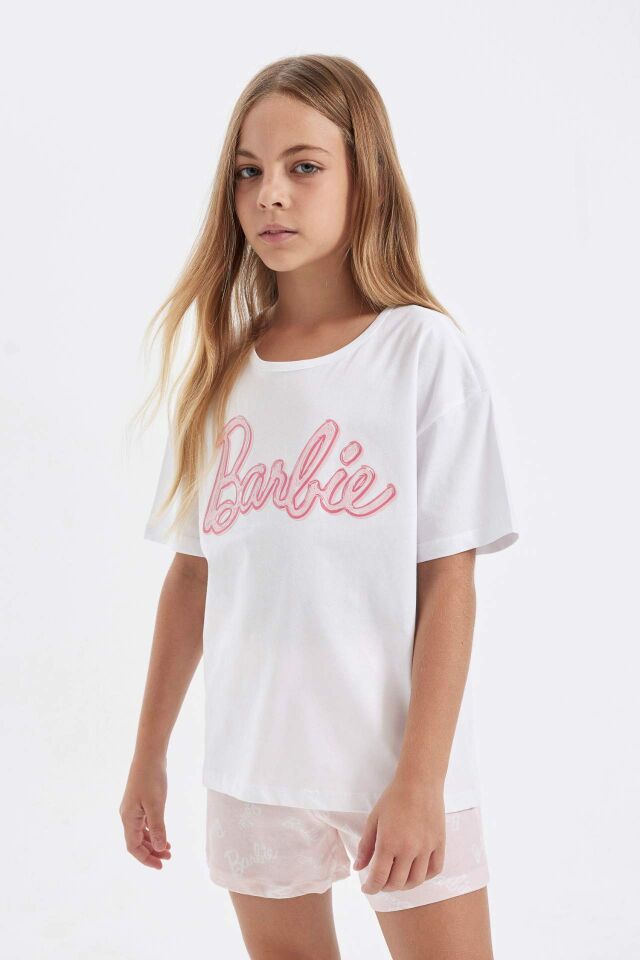 Kız Çocuk Barbie Pijama Takımı Boxy Fit Kısa Kollu Üst Şort