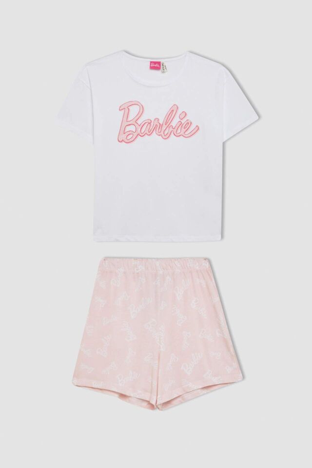 Kız Çocuk Barbie Pijama Takımı Boxy Fit Kısa Kollu Üst Şort