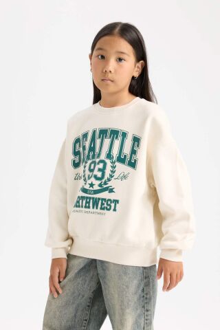 Kız Çocuk Relax Fit Bisiklet Yaka Baskılı Sweatshirt