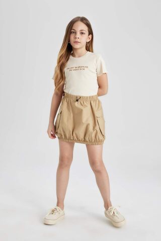 Kız Çocuk Slim Fit Dar Kesim Bisiklet Yaka Baskılı Fitilli Kaşkorse Kısa Kollu Tişört