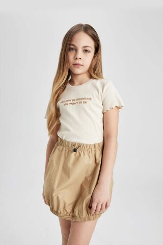 Kız Çocuk Slim Fit Dar Kesim Bisiklet Yaka Baskılı Fitilli Kaşkorse Kısa Kollu Tişört