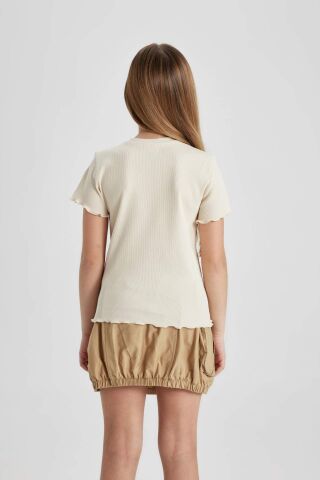 Kız Çocuk Slim Fit Dar Kesim Bisiklet Yaka Baskılı Fitilli Kaşkorse Kısa Kollu Tişört