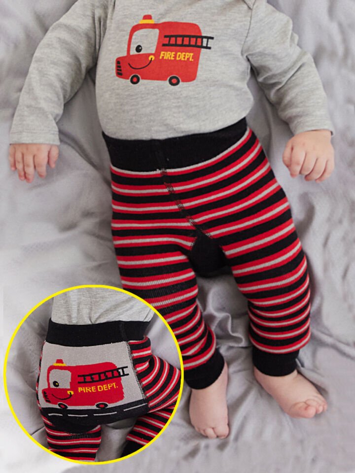 İtfaiye Erkek Bebek Örme Çizgili Tayt-Pantolon 3-6 M - Siyah, Gri, Kırmızı