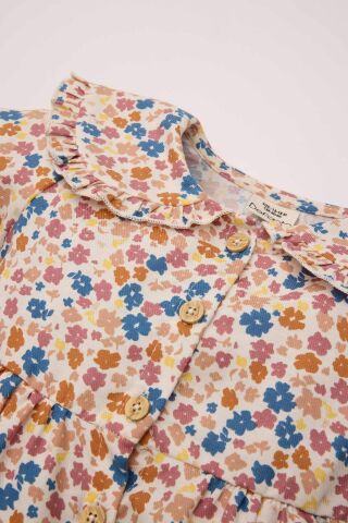 Kız Bebek Çiçekli Uzun Kollu Yakası Fırfırlı Twill Elbise