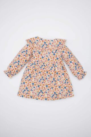 Kız Bebek Çiçekli Uzun Kollu Yakası Fırfırlı Twill Elbise