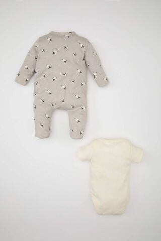 Erkek Bebek 3'lü Takım Desenli Uzun Kollu Tulum Kısa Kollu Çıtçıtlı Body Mama Önlüğü