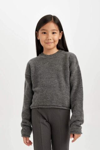 Kız Çocuk Standart Fit Bisiklet Yaka Basic Düz Triko Kazak