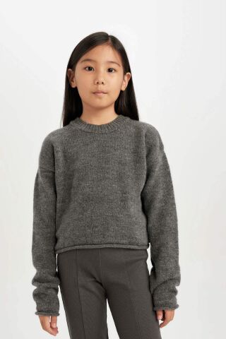 Kız Çocuk Standart Fit Bisiklet Yaka Basic Düz Triko Kazak