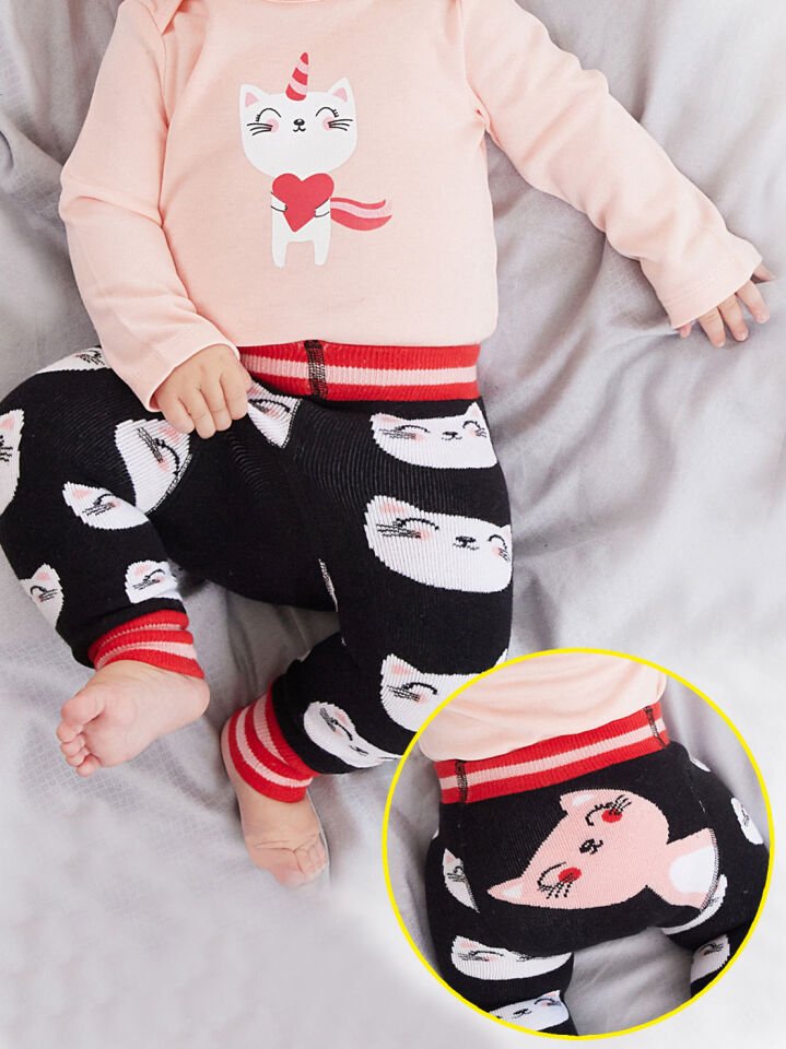 Kedi Kız Bebek Siyah Örme Tayt-Pantolon