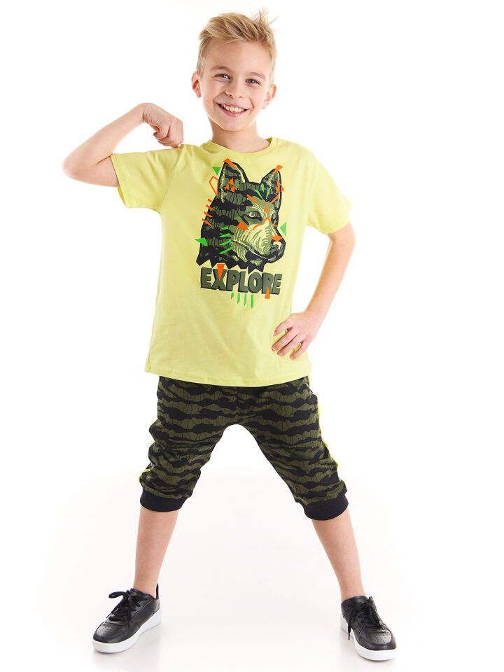 Kaşif Kurt Erkek Çocuk T-shirt Kapri Şort Takım 8 Y - Yeşil, Haki