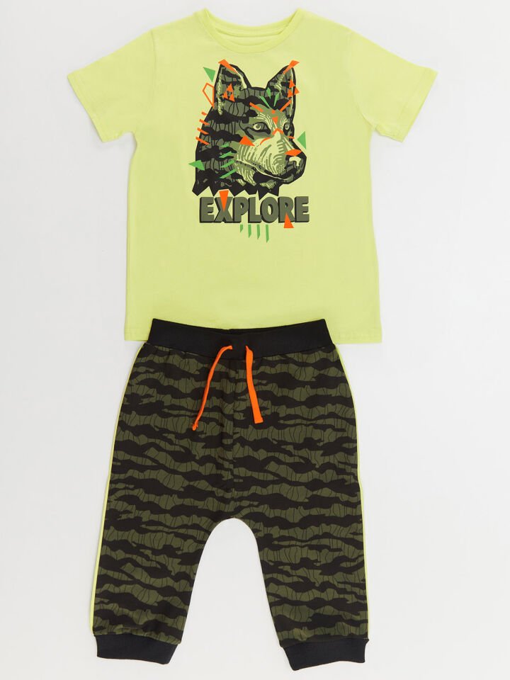 Kaşif Kurt Erkek Çocuk T-shirt Kapri Şort Takım 8 Y - Yeşil, Haki