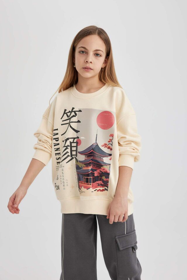 Kız Çocuk Oversize Fit Bisiklet Yaka Baskılı Sweatshirt