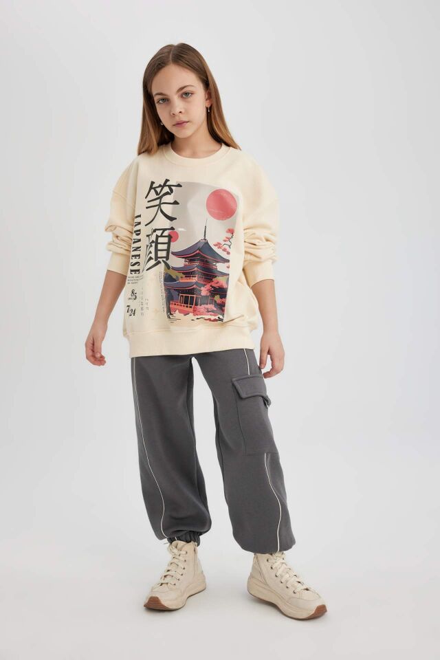 Kız Çocuk Oversize Fit Bisiklet Yaka Baskılı Sweatshirt