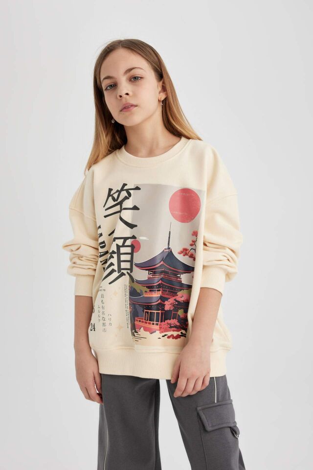 Kız Çocuk Oversize Fit Bisiklet Yaka Baskılı Sweatshirt