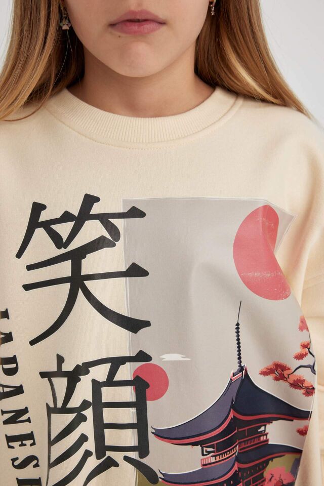 Kız Çocuk Oversize Fit Bisiklet Yaka Baskılı Sweatshirt