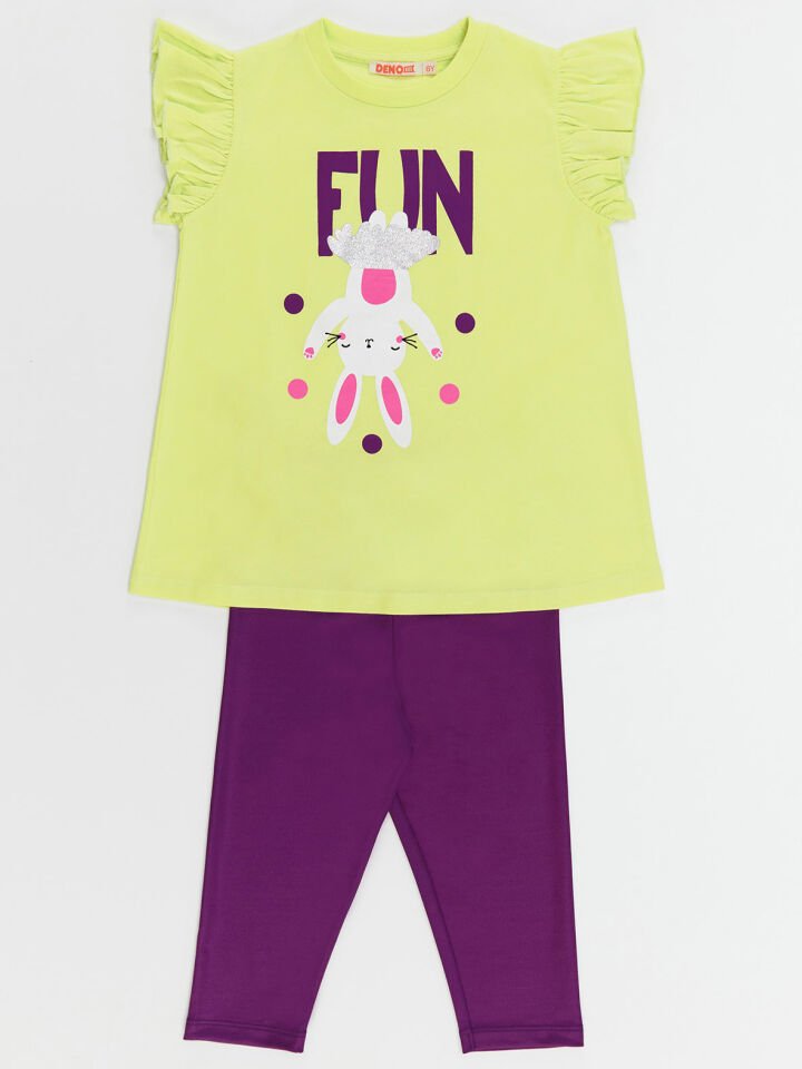 Tavşan Ponpon Kız Çocuk T-shirt Tayt Takım 2 Y - Sarı&Mor