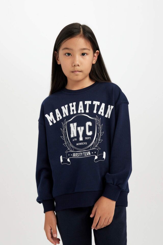 Kız Çocuk Relax Fit Bisiklet Yaka Üniversite Baskılı Sweatshirt