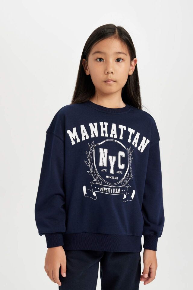 Kız Çocuk Relax Fit Bisiklet Yaka Üniversite Baskılı Sweatshirt
