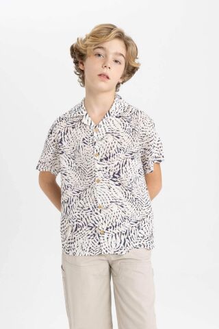 Erkek Çocuk Oversize Geniş Kalıp Polo Yaka Desenli Viskon Kısa Kollu Gömlek