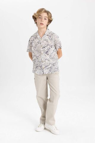 Erkek Çocuk Oversize Geniş Kalıp Polo Yaka Desenli Viskon Kısa Kollu Gömlek