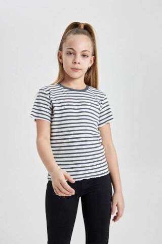 Kız Çocuk Slim Fit Dar Kesim Bisiklet Yaka Çizgili Fitilli Kaşkorse Kısa Kollu Tişört