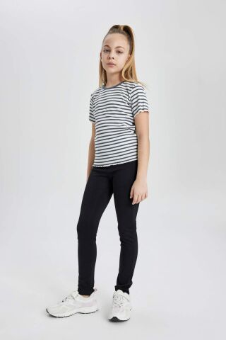 Kız Çocuk Slim Fit Dar Kesim Bisiklet Yaka Çizgili Fitilli Kaşkorse Kısa Kollu Tişört