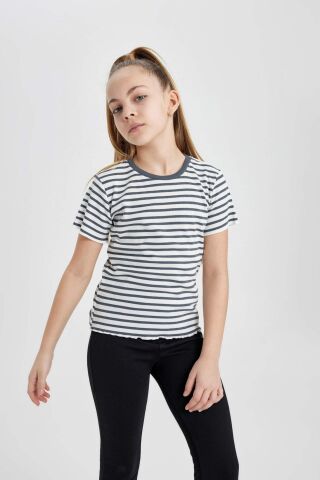 Kız Çocuk Slim Fit Dar Kesim Bisiklet Yaka Çizgili Fitilli Kaşkorse Kısa Kollu Tişört
