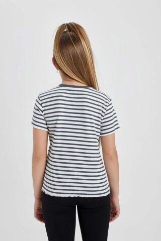 Kız Çocuk Slim Fit Dar Kesim Bisiklet Yaka Çizgili Fitilli Kaşkorse Kısa Kollu Tişört
