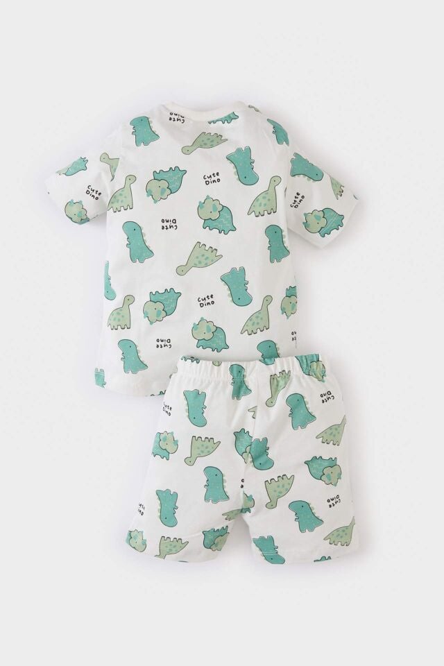 Erkek Bebek Pijama Takımı Dinazor Baskılı Kısa Kollu Penye Üst Beli Lastikli Şort