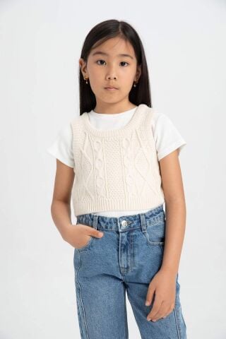 Kız Çocuk Örgü Desenli Crop Triko Süveter