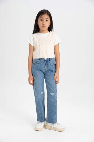 Kız Çocuk Örgü Desenli Crop Triko Süveter