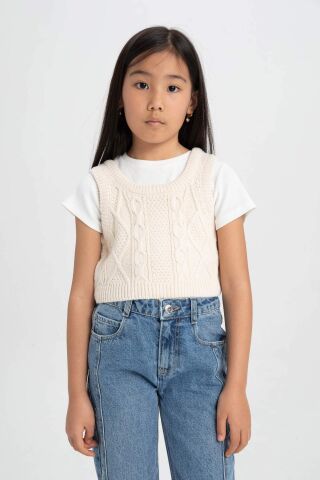 Kız Çocuk Örgü Desenli Crop Triko Süveter