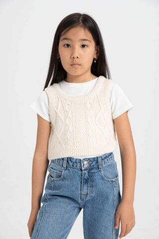 Kız Çocuk Örgü Desenli Crop Triko Süveter