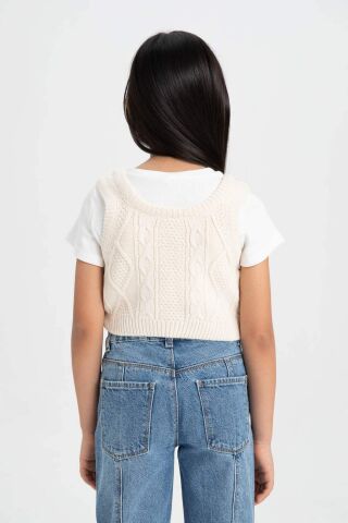 Kız Çocuk Örgü Desenli Crop Triko Süveter