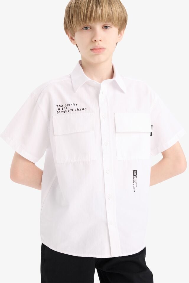 Erkek Çocuk Oversize Geniş Kalıp Polo Yaka Baskılı Poplin Kısa Kollu Gömlek