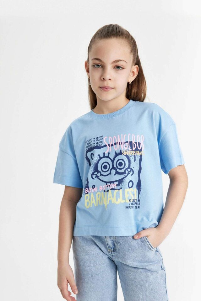 Kız Çocuk SpongeBob Bisiklet Yaka Kısa Kollu Crop Tişört