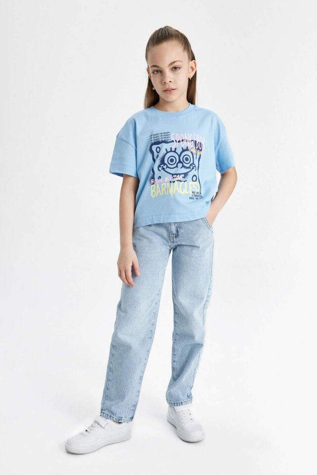 Kız Çocuk SpongeBob Bisiklet Yaka Kısa Kollu Crop Tişört