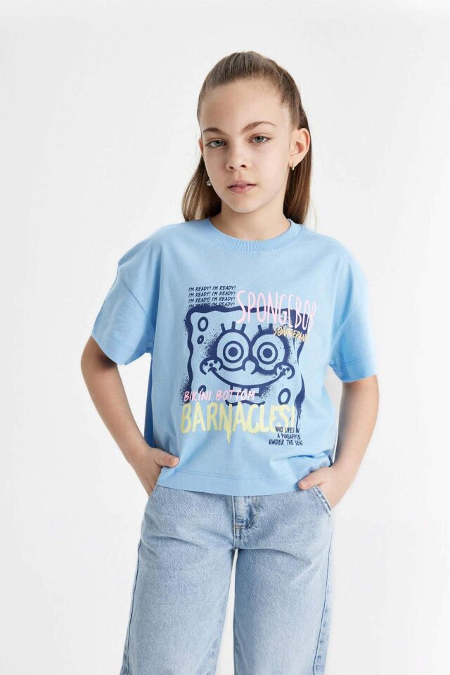 Kız Çocuk SpongeBob Bisiklet Yaka Kısa Kollu Crop Tişört