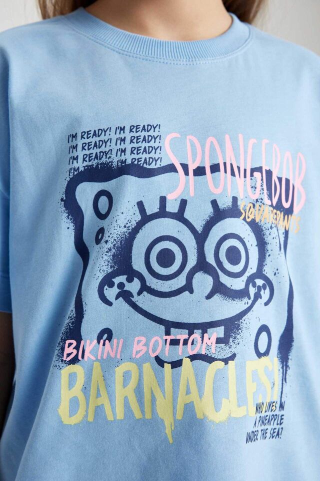 Kız Çocuk SpongeBob Bisiklet Yaka Kısa Kollu Crop Tişört
