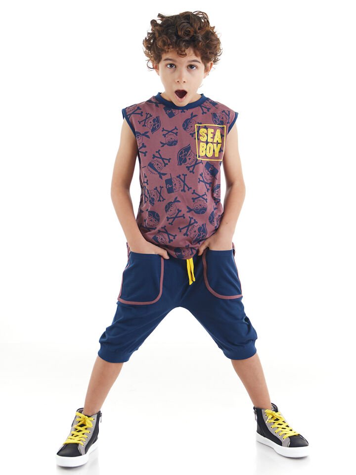 Sea T-shirt Erkek Çocuk T-shirt Kapri Şort Takım 4 Y - Lacivert, Kahverengi