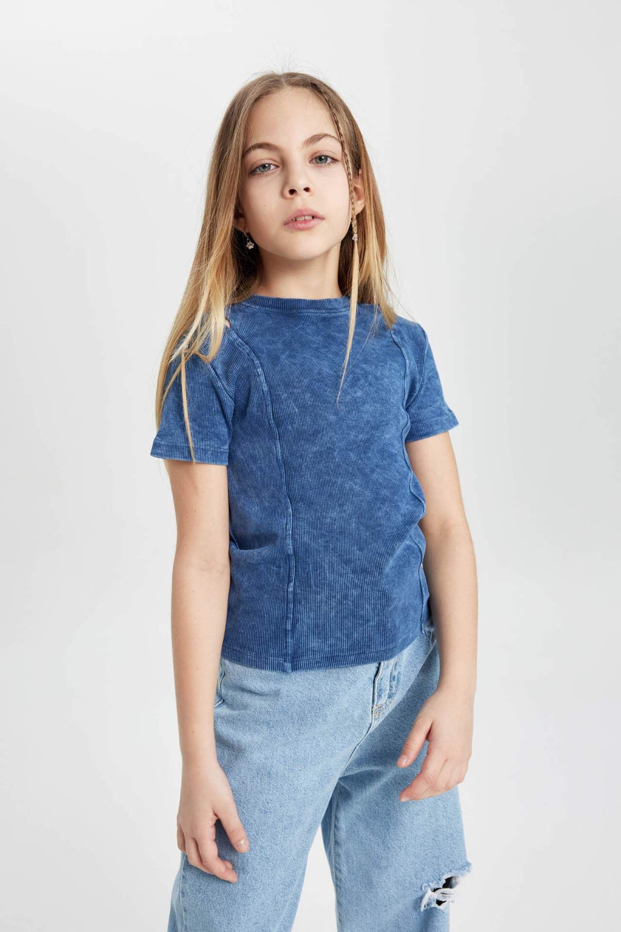 Kız Çocuk Slim Fit Dar Kesim Bisiklet Yaka Fitilli Kaşkorse Kısa Kollu Tişört