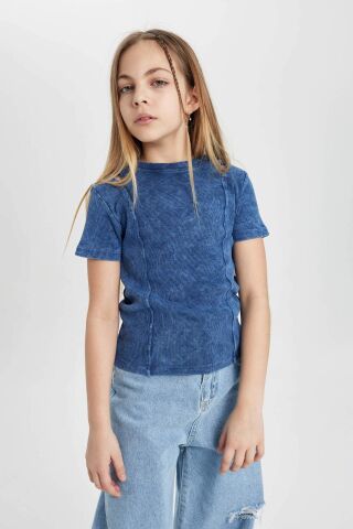 Kız Çocuk Slim Fit Dar Kesim Bisiklet Yaka Fitilli Kaşkorse Kısa Kollu Tişört