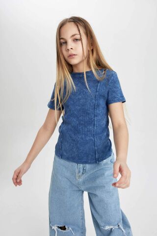 Kız Çocuk Slim Fit Dar Kesim Bisiklet Yaka Fitilli Kaşkorse Kısa Kollu Tişört