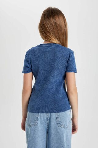 Kız Çocuk Slim Fit Dar Kesim Bisiklet Yaka Fitilli Kaşkorse Kısa Kollu Tişört