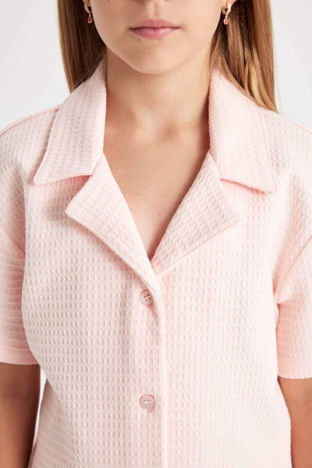 Kız Çocuk Standart Fit Pijama Takımı Waffle Kısa Kollu Üst Şort